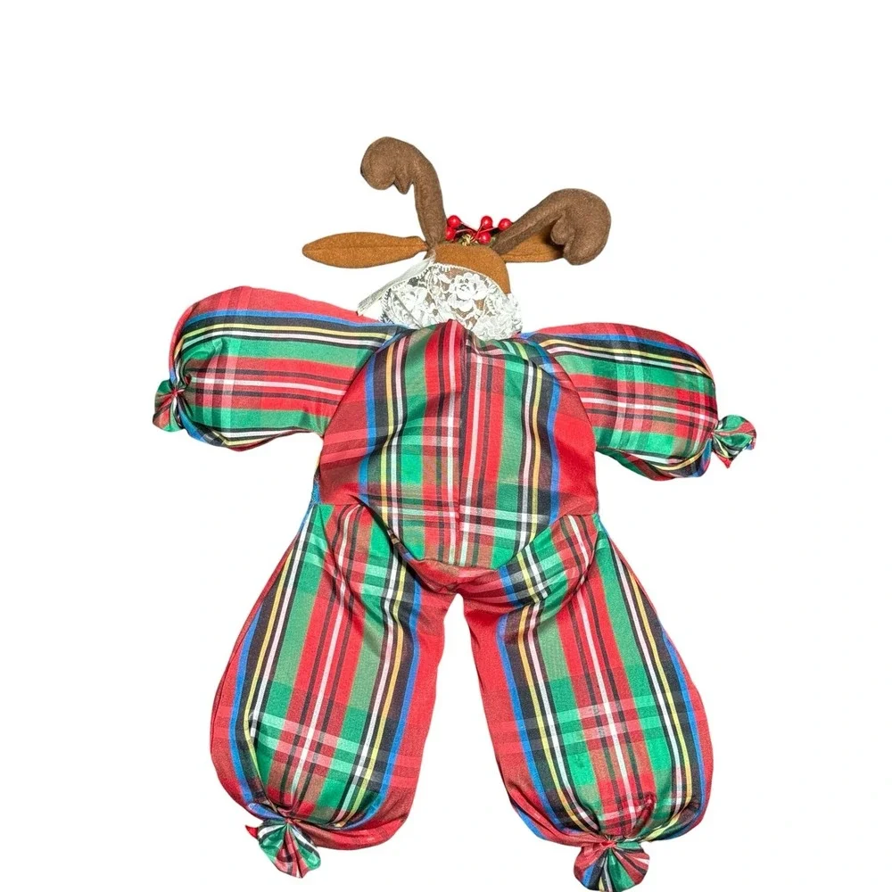 Vintage 90s Christmas‎ Reindeer Plush Stuffed Animal Tartan Plaid Sitter Nylon